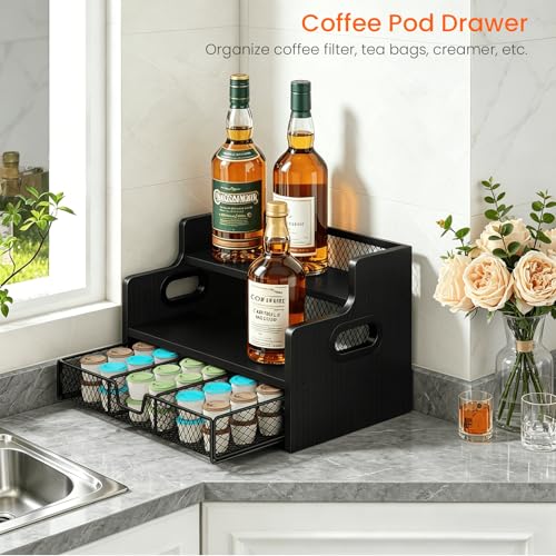 Image of Homode Coffee Syrup Organizer Rack, 3-Tier Syrup Holder Stand with 35 K Cup Storage Drawer, 8 Bottles Capacity, Wood Shelf Liquor Wine Rack for Coffee Bar Countertop, Black