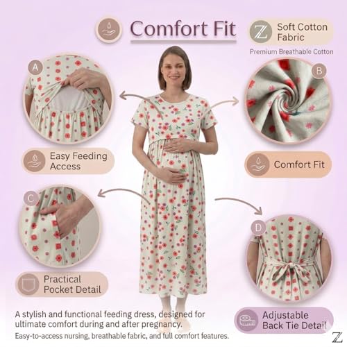 Image of Zero Clothing Feeding Dress for New Moms Casual Loungewear Ankle Length | Cotton Maternity Nighty | Zipless Feeding Dresses for Women | Pregnancy & Nursing Wear