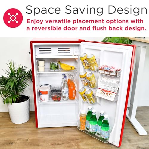 Frigidaire Retro Compact Fridge with Chiller, 3.2 cu ft Countertop Fridge with Built-In Bottle Opener, Compact Refrigerator for Office, Bedroom, Dorm Room or Cabin (Red)