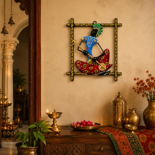 Image of iHandikart Handmade Metal Wall Art Sculpture for Home Decor | Traditional Rajasthani Musician Wall Hanging | Hand-Painted Iron Wall Art with Stone Work | Wall Art for Living Room & Bedroom | 9 x 9 Inch