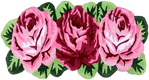 ABREEZE 3 Pink Rose Rug Floor Runner Handmade Rug Floral Mats Bath Rugs Anti-Slip(Non-Slip) Farmhouse Carpet Shaggy Mat Washable Floor Mats for Bedroom/Sofa/Bathroom