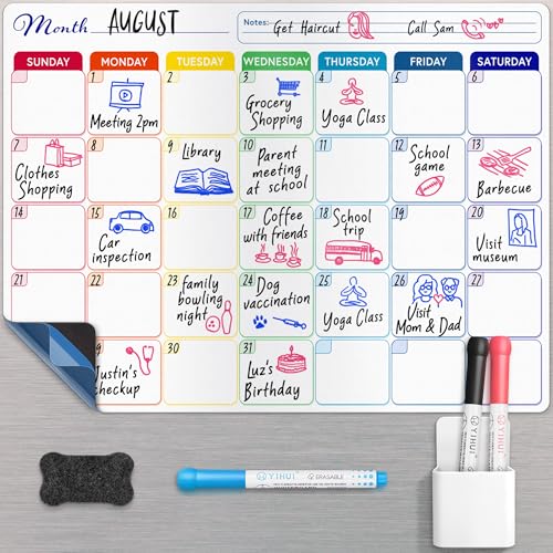 Whiteboard Calendar -A3 40x30 cm - Magnetic Monthly Dry Erase Planner with Adhesive Back - Erasable Weekly Chore Chart with 3 Markers Eraser Holder - Ideal for Fridge or Wall Use - by Yes4Quality