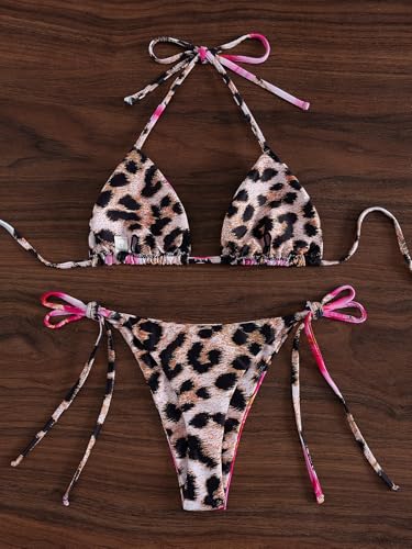 Image of Tainehs Women's Sexy Halter Thong Bikini Tie Two Sides Bottom Triangle Bikini Swimsuits