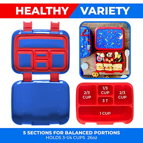 Image of Kinsho Bento Lunch Box for Kids Toddlers, 5 Portion Control Sections, BPA Free Removable Plastic Tray, Pre-School Kid Toddler Daycare Lunches, Snack Container Ages 3 to 7 (Blue Space Rockets)