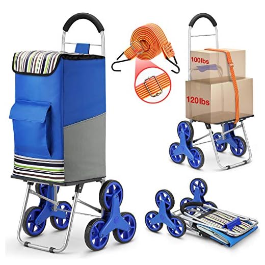 Shopping Cart, Super Loading Stair Climber Cart 220 lbs Capacity Grocery Foldable Cart with Extra Large Shopping Bag Laundry Utility Cart with Adjustable Bungee Cord