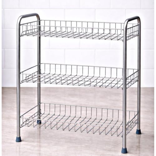 Image of 3-Tier Stainless Steel Kitchen Storage Rack, Multi-Purpose Organizer Shelf, Spice Jars Stand, Counter Organizer for Pantry Storage, 52x40x20, Silver