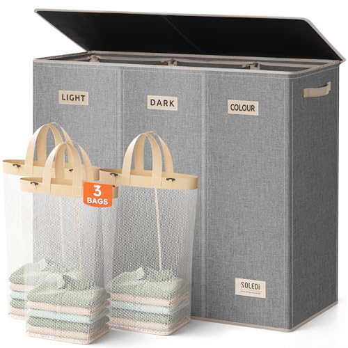SOLEDI 200L Wäschekorb, Wäschesammler 3 fächer mit Deckel und 3