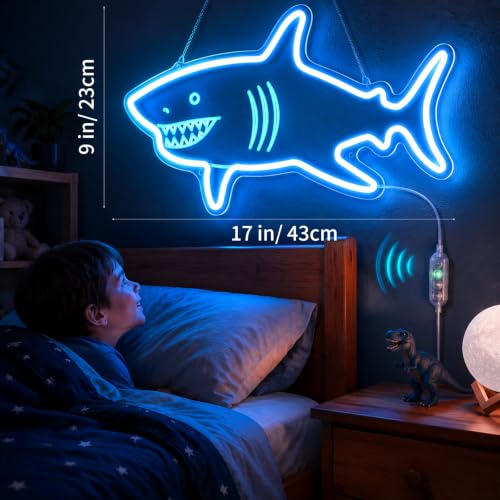 Image of Welltodo Shark Neon Sign, Motion Sensor Auto On /Off Neon Light Sign with 3-Key Dimmable Dual Mode, Safe Acrylic Flexible LED Shark Night Light, USB Powered Wall Decor Neon Signs for Bedroom Room Bathroom Party Shark Gifts