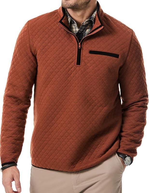 Men's Quarter Zip Up Casual Long Sleeve Quilted Sweatshirts Mock Neck Outdoor Pullover Sweaters