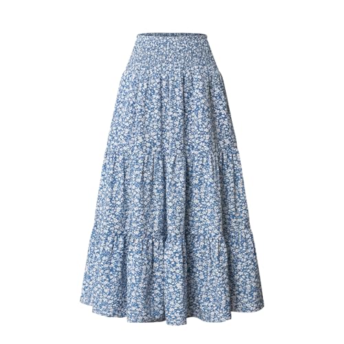 Ladies' High-Waist Pleated Skirt Elastic Waist-Folding Skirt Beach Skirt Holiday Bress in Spring Summer and Autumn Blue