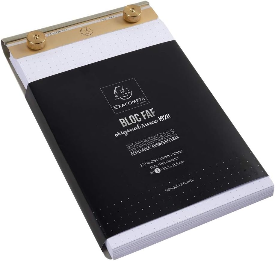 Exacompta FAF Metal Desk Pad for Home or Office, 200 White 70g Micro-Perforated Sheets, Blank or Dots. Non-Slip Backing, Three Sizes. Refills Available. (4 1/4 x 7 1/4)