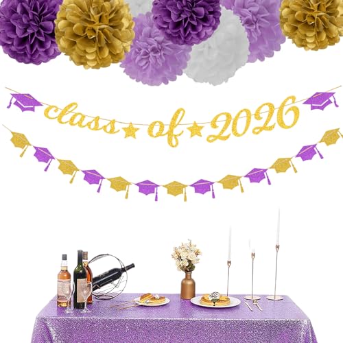 Image of Purple White-Gold Party-Decorations Graduation Banner - 8pcs Kits Class of 2026 Cap Garland Streamers, Paper Tissue Pom Poms Flowers, Congratulations Grad Decor Lasting Surprise
