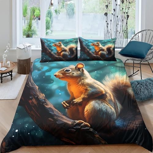 Housse de couette 200x200 cm écureuil avec fermeture éclair et taies douces