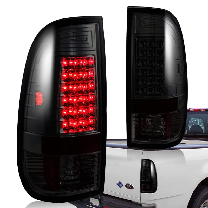 HYPERSPEED LED Rear Brake Tail Light Lamp Assembly 2PCS Pair Fit for 1997 1998 1999 2000 2001 2002 2003 Ford Super Duty Styleside, Car Mods Accessories Replacement Part (Chrome Housing Smoke Lens)