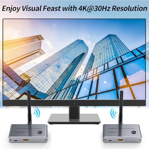 Image of Wireless HDMI Transmitter and Receiver 4K@30Hz HDMI Wireless Extender Kit 328Ft /100M 4K Video & Audio Sender and Receiver for Casting Video & Audio to Large Screen TV /Projector from Laptop /PC /Camera