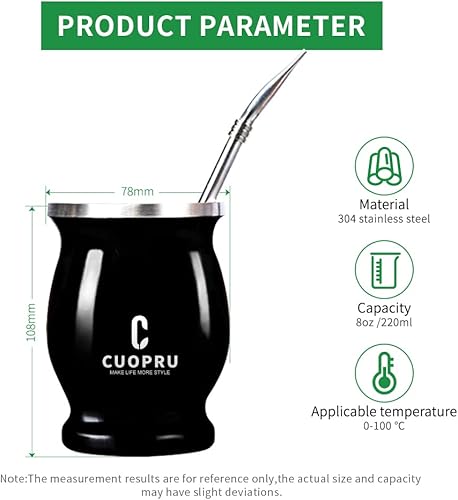 Miniatura 5 de Cuopru Yerba Mate Cup 304 Acero Inoxidable Doble Pared 8oz Yerba Mate Argentina Calabaza con Bombillas y Cepillo de Limpieza y Té Separato (negro)