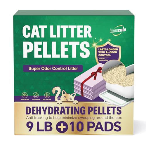 IMMCUTE Zeolite Litter Pellets 9lb Bag Lasts 60 Days Odor Control Cat Litter Pellets with Extra 10 Ct Pee Pads Non Clumping Cat Litter Low-Tracking Unscented