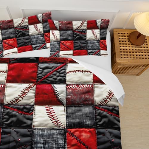 Image of Red and Black Plaid Comforter Set Queen,Baseball Bedding Set Queen Red and Black,Sport Quilt for Boys,with 1 Comforter with 2 Pillow Case