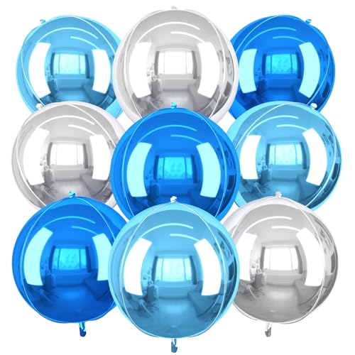 Image of 9 Pcs Blue Silver Round Foil Balloons,22 Inch Round Balloons | Blue Silver Giant 4D Round Ball Balloons For Birthday Graduation Retirement Baby Shower Party Decorations