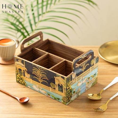 Image of Wooden Cutlery Holder with Gold Engraving | Pack of 1 | Size : 9 x 7 x 5.5 inch | Enamel Coated Waterproof | Cutlery Holder for Dining Table | (Swan)
