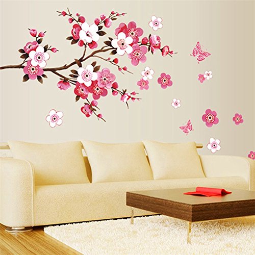 Bibitime Cherry Blossom Wall Decal Stickers Pink Flying Butterfly Sticker Girl Floral Wall Decor Flower Decals Art Mural For Nursery Kids Girls Bedroom,Diy Size: 64.96 Inches X 29.53 Inches #TOP2