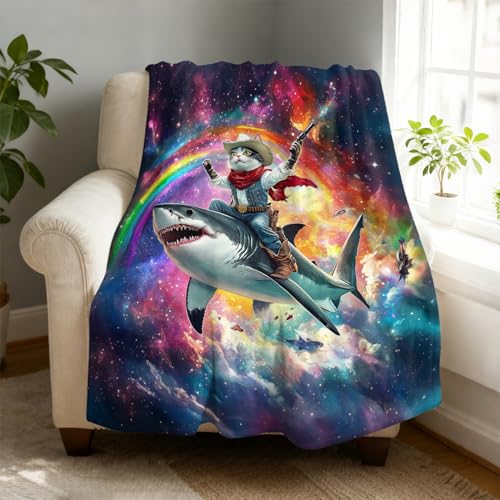 Cowboy Cat Riding Shark Fleece Throw Blanket 40 x 50 inches for Couch Sofa Bed,Super Soft Cozy Plush Microfiber Flannel Blanket Lightweight for Women, Men and Kids