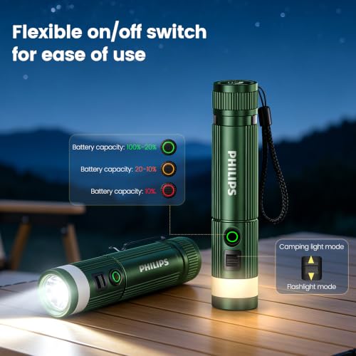 PHILIPS SFL5288 Rechargeable EDC Flat Flashlight with Camping, Warm White LED Combo, 1000 High Lumens Aluminium Portable Pocket Lights with 10 Modes, Two Sources for Outdoors Emergency Working (Green) - image 3