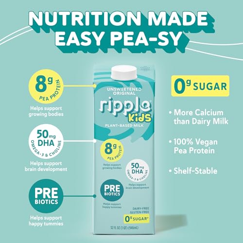 Ripple 32 oz Plant Based Milk 8g of Quality Sourced Pea Protein, Calcium Rich | Shelf Stable | Vegan & Non GMO Certified | Dairy, Soy, Nut, Gluten, & Lactose Free (Pack of 6) (32 Fl Oz (Pack of 6), Kids Unsweetened) - Thumbnail 4