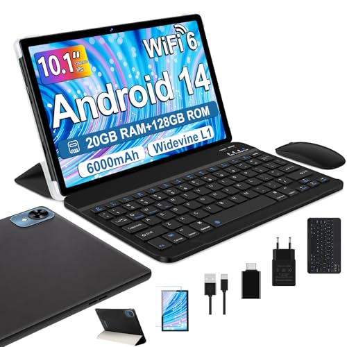 fezawio Android 14 Tablet 10 Zoll 20GB RAM+128GB ROM, Octa-Core Tablet WiFi 6, 6000mAh, (1TB TF) mit Tastatur und Maus-schwarz
