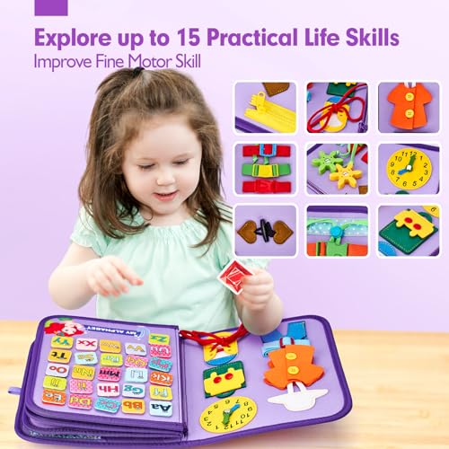 Image of hahaland Busy Board Montessori Toys 3 Year Old Girl Gifts 3rd Bithday Idea | 8 in 1 Preschool Learning Activities - Educational Toys Little Girls Age 3 Travel Busy Book for Airplane Car Rides