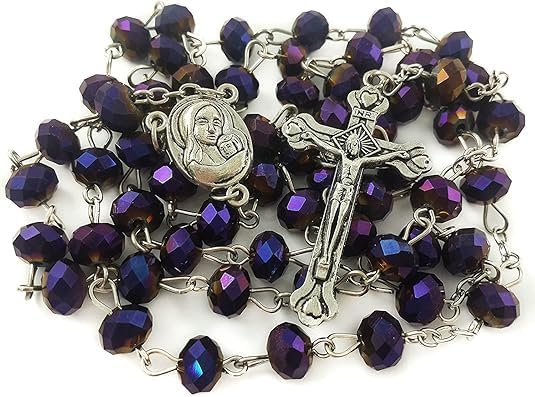 Purple Rosary Necklace Crystallized Glass Beads Catholic Rosary Madonna Holy Soil Centerpiece Medal, 4 cm x 2.5 cm / 1.6" x 1",Length: 43 cm / 17", Crystal, No Gemstone