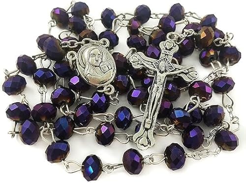 Nazareth Store Purple Crystallized Beads Rosary Handamade Prayer Necklace with Madonna Holy Soil Centerpiece Medal and Silver Jesus Cross Crucifix