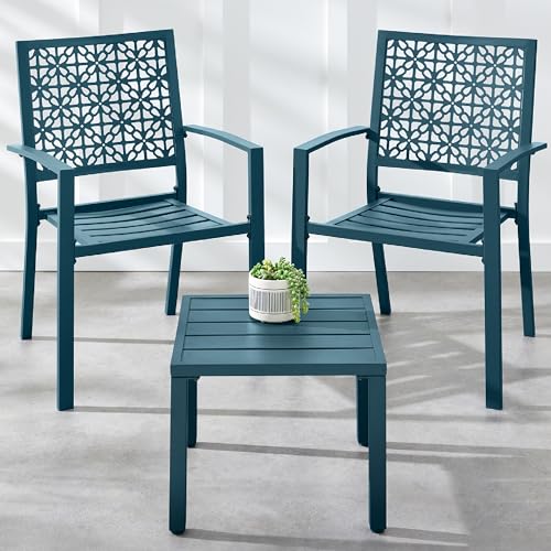 Best Choice Products 3-Piece Outdoor Bistro Set Stackable Modern Steel Furniture for Porch Garden w/ 2 Chairs Table Geometric Decor - Peacock Blue