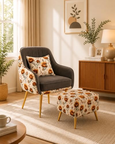 Image of Floral Accent Chair with Ottoman | Premium Velvet Upholstered Armchair with Golden Metal Legs | Modern Lounge Chair for Living Room, Bedroom & Reading Corner | Designer Chair 1pc