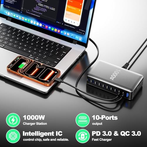 Image of 1000W Charger Adapter, 10 Ports (8C + 2A) Multiple GaN 4 Max PD140W /100W QC20W for 1Phone & Android, Mac Book & Type C Laptop, Fast Charger with PD &, for All Types of Devices (YMX-1000W)
