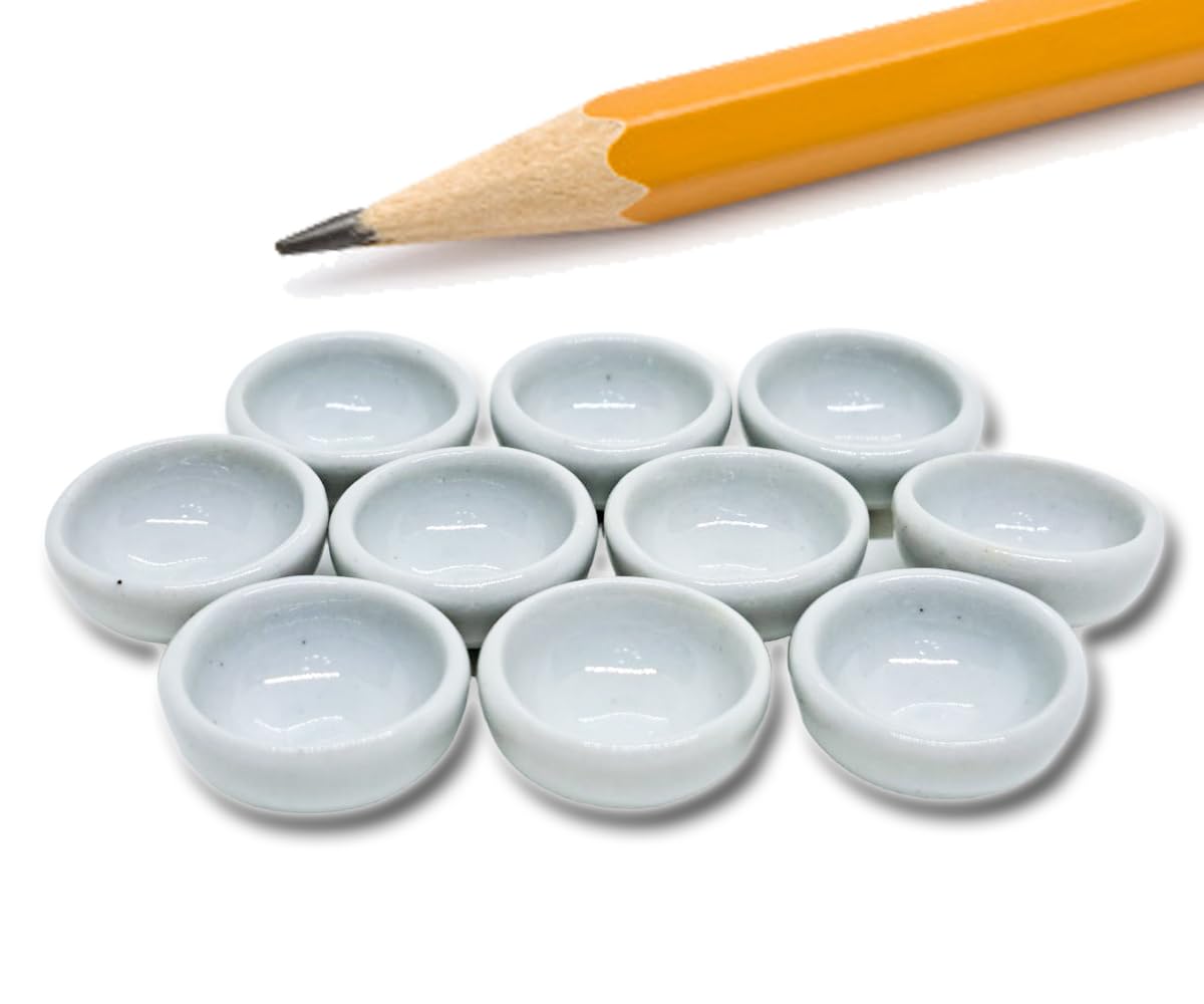 ChangThai Design ¾ Wide White Bowl 10 Pieces Tiny Tableware - Miniature Cup Mug Plate Bowl Tableware Crockery Cutlery Kitchen Utensil Hand Made Painted Porcelain Clay Pottery Decorative Collectible