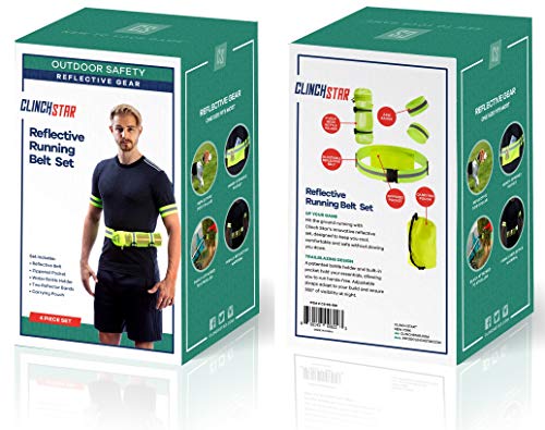 Reflective Belt for Running or Cycling Safety Gear with Back Pocket - Water Bottle Holder - Outdoor Reflector Wrist Arm Ankle Band Set