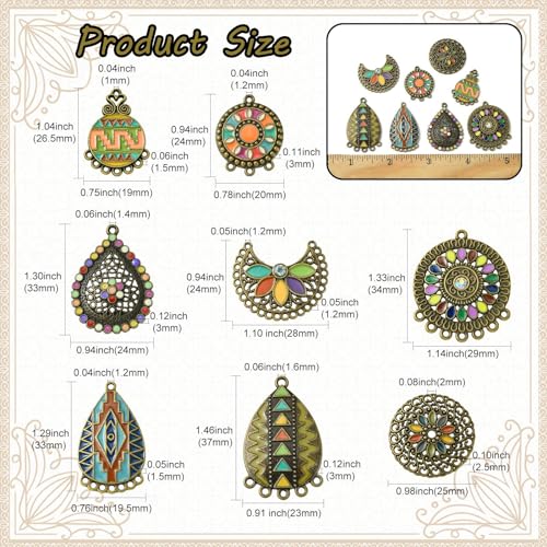 Stiesy 16 Pcs 8 Styles Bohemian Style Connector Charms with Enamel Teardrop Flat Round Moon Tibetan Chandelier Component Links for DIY Jewelry Making Decor - Image 2
