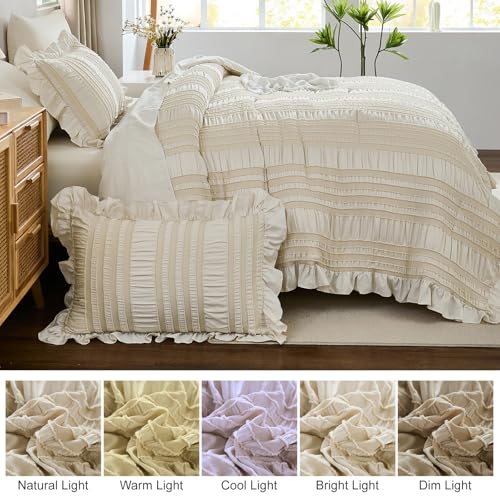 WONGS BEDDING Queen Comforter Set,Beige Cute Ruffle Comforter for Queen Bed, 7 Pieces Bed in a Bag Seersucker Shabby Chic Bedding Set 90"×90" - Image 6