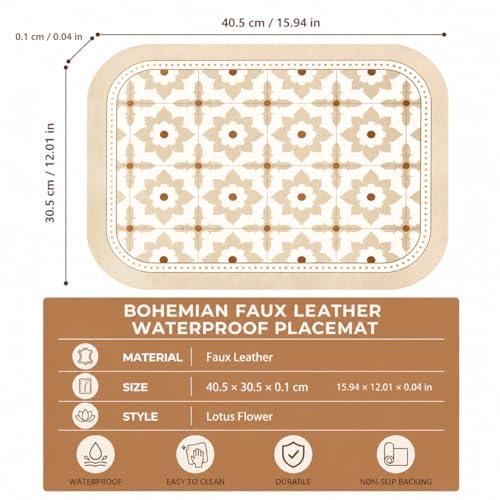 Image of Yelona Beige Faux Leather Dining Table Placemats - Set of 2 | Heat & Stain Resistant PU Table Mats | Easy to Clean & Durable | Perfect for Office, Conference Tables & Home Decor (Lotus Casa)