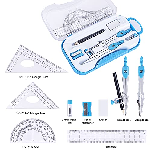 Math Geometry Kit Set 10 Pieces with Shatterproof Storage Box, Student Supplies Drawing Compass Includes Protractor, Rulers, Compass, Pencil Sharpener, Lead Refills, Pencil, Eraser(Blue) 2 51AVb4POp L