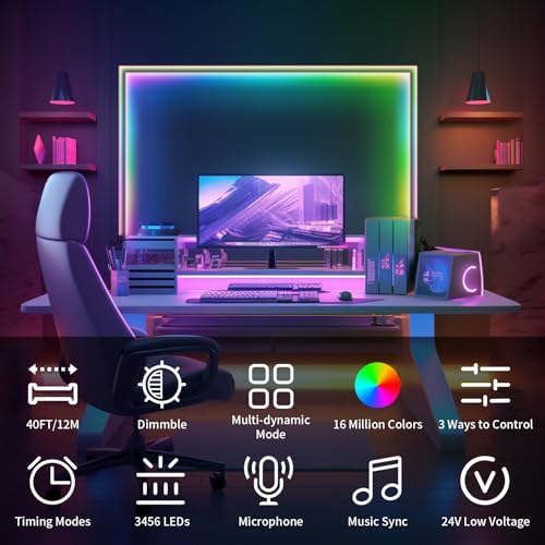 Image of 40ft COB RGB+IC LED Strip Lights, Bright Dream Color COB LED Light Strip with RF Remote App Control Music Sync Color Changing for Game Room Bedroom Kitchen Lighting Home Decor(2 Rolls)