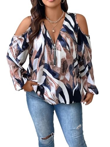 SOLY HUX Women's Plus Size Blouse Allover Print Cold Shoulder Bishop Long Sleeve Half Zip Tops