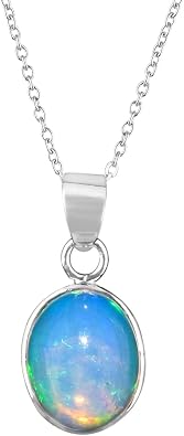 Sterling Silver Necklace for Women Ethiopian Opal Oval Bezel Dainty Pendant Handmade October Birthstone Jewelry 925 Silver Chain 18 Inch Birthday Christmas Day Gift for Her