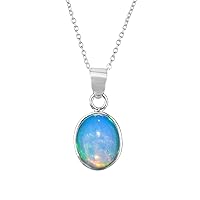 Vista 1 de Sterling Silver Necklace for Women – Ethiopian Opal Oval Bezel Dainty Pendant – Handmade October Birthstone Jewelry – 925 Silver Chain 18 Inch