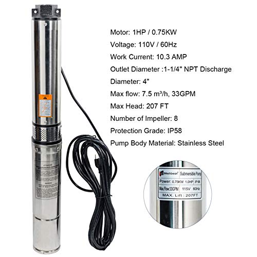 Imeshbean® Deep Well Submersible Pump, 1 Hp, 115V, 60 Hz, 33 Gpm, 207' Head, Stainless Steel, 4" With 33' Long Power Cord #TOP1