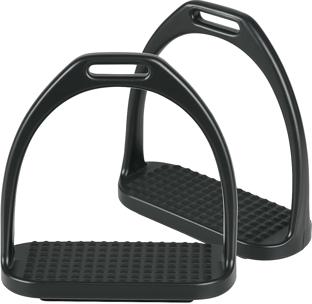 Equinez Tools Stainless Steel Horse Riding Stirrups–Black-Coated Safety English Stirrups for Equestrian Saddle–Durable,Rust-Resistant,Non-Slip Tread–Ideal for Dressage,Jumping,Trail & Training
