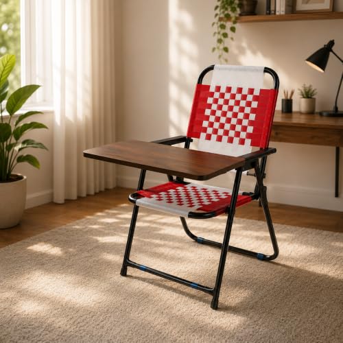 Image of Study Chair for Home with Writing Pad, Foldable Study Chair for Students, Niwar Seat and Back, Metal Frame, Folding Student Seat for Reading, Writing and Laptop Work, (Red & White)