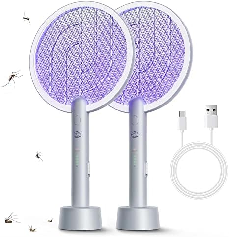 Electric Fly Swatter Racket 2 Pack, Mosiller 2 in 1 Bug Zapper with USB Rechargeable Base, 4000 Volt Indoor Outdoor Mosquito Killer with 3-Layer Safety Mesh for Pest Insect Control & Flying Trap