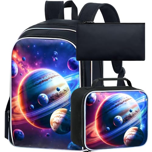 Image of AGSDON 3PCS Boys Backpack for Boys, 17 inch Kids Bookbag with Lunch Box, Earth Planet Backpack Water Resistant for Teen